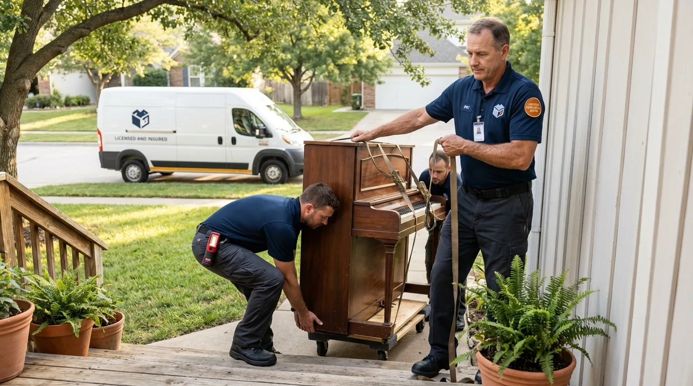 Licensed piano movers securing grand piano in Fayette, AL