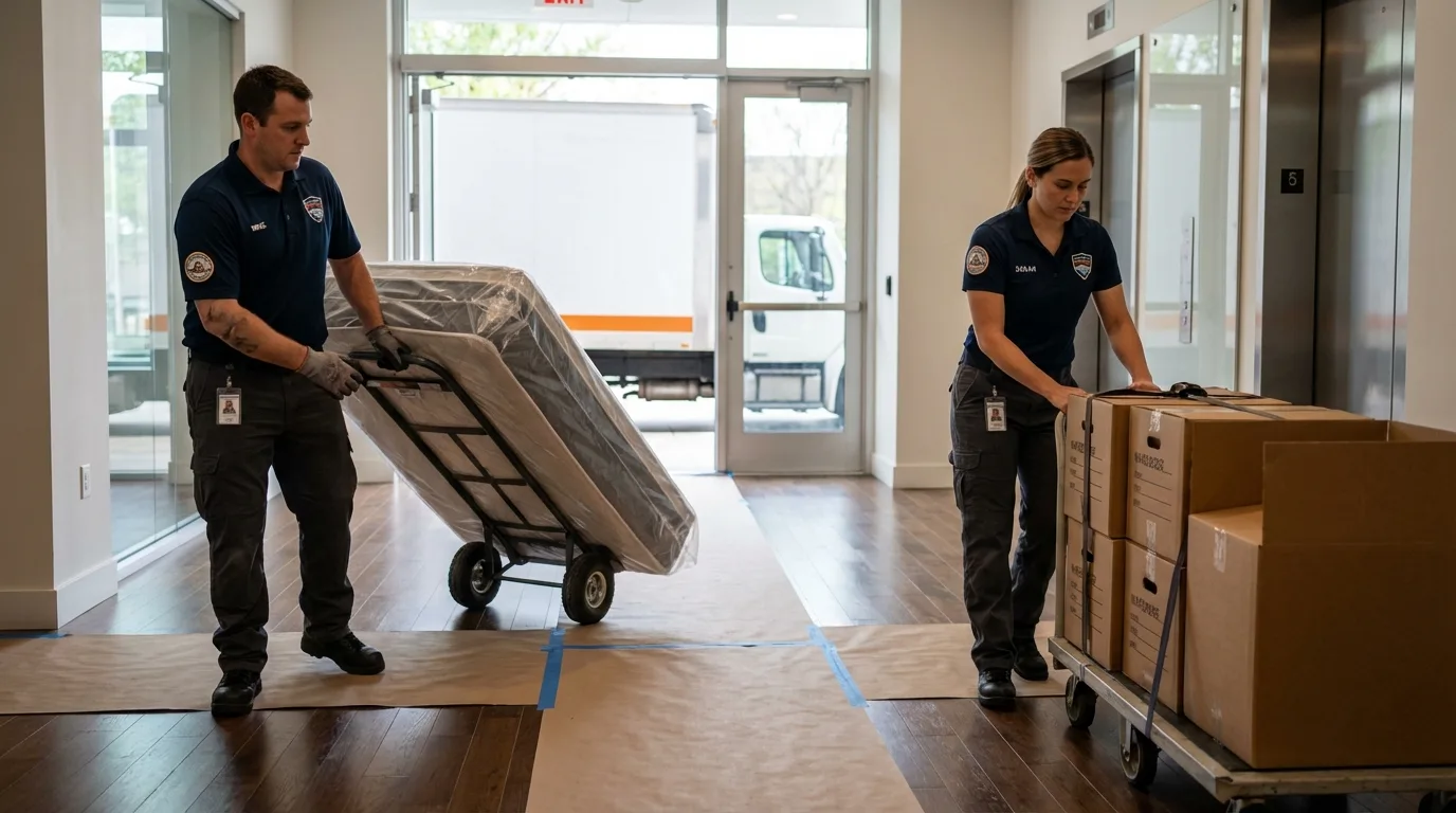 Professional apartment movers loading elevator in Fayette, AL